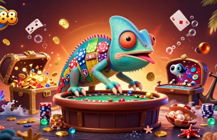 Experience the dynamic gaming world of DN88 with a colorful chameleon casino owner amidst treasure and gaming elements.