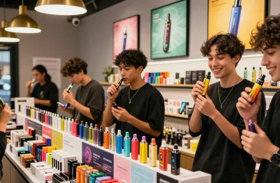 Exploring top disposable vapes in USA at a vibrant vape shop filled with diverse brands and flavors.