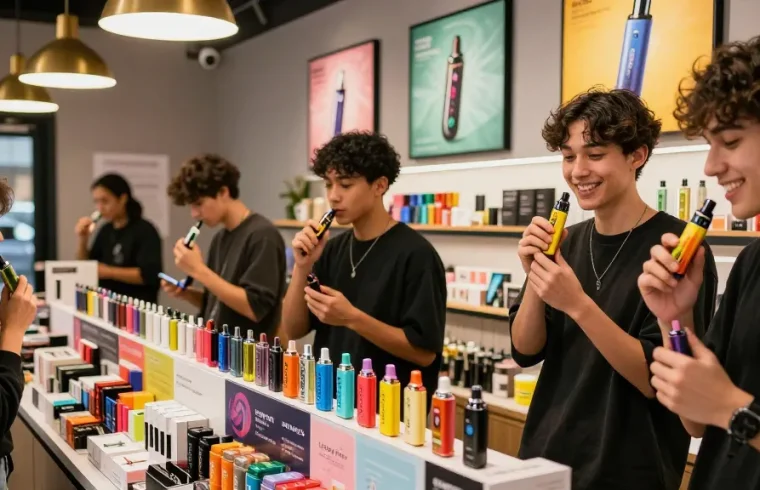 Exploring top disposable vapes in USA at a vibrant vape shop filled with diverse brands and flavors.