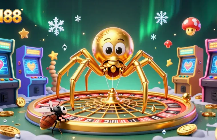 Experience thrilling bets at red88 with a cartoon spider and colorful gaming elements in a rich casino setting.