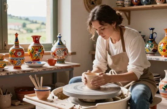 Artisan crafting Deruta pottery in a sunlit workshop, showcasing intricate designs and vibrant colors.