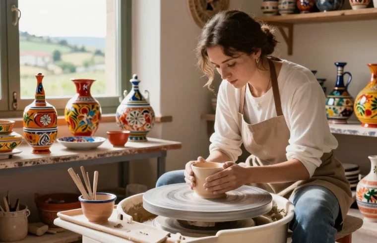 Artisan crafting Deruta pottery in a sunlit workshop, showcasing intricate designs and vibrant colors.