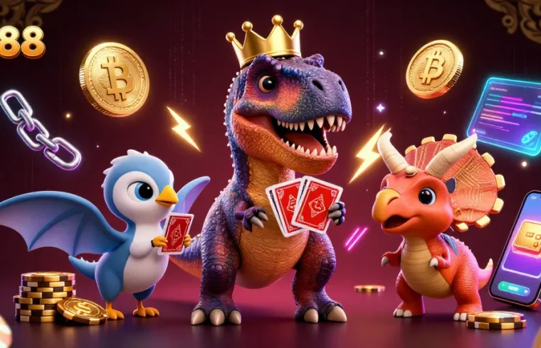 Engage with TR88 as a friendly T-Rex plays cards and stacks chips in vibrant 3D casino illustration.